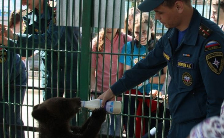 МЧС навестили в барнаульском зоопарке спасенного ими медвежонка - фото